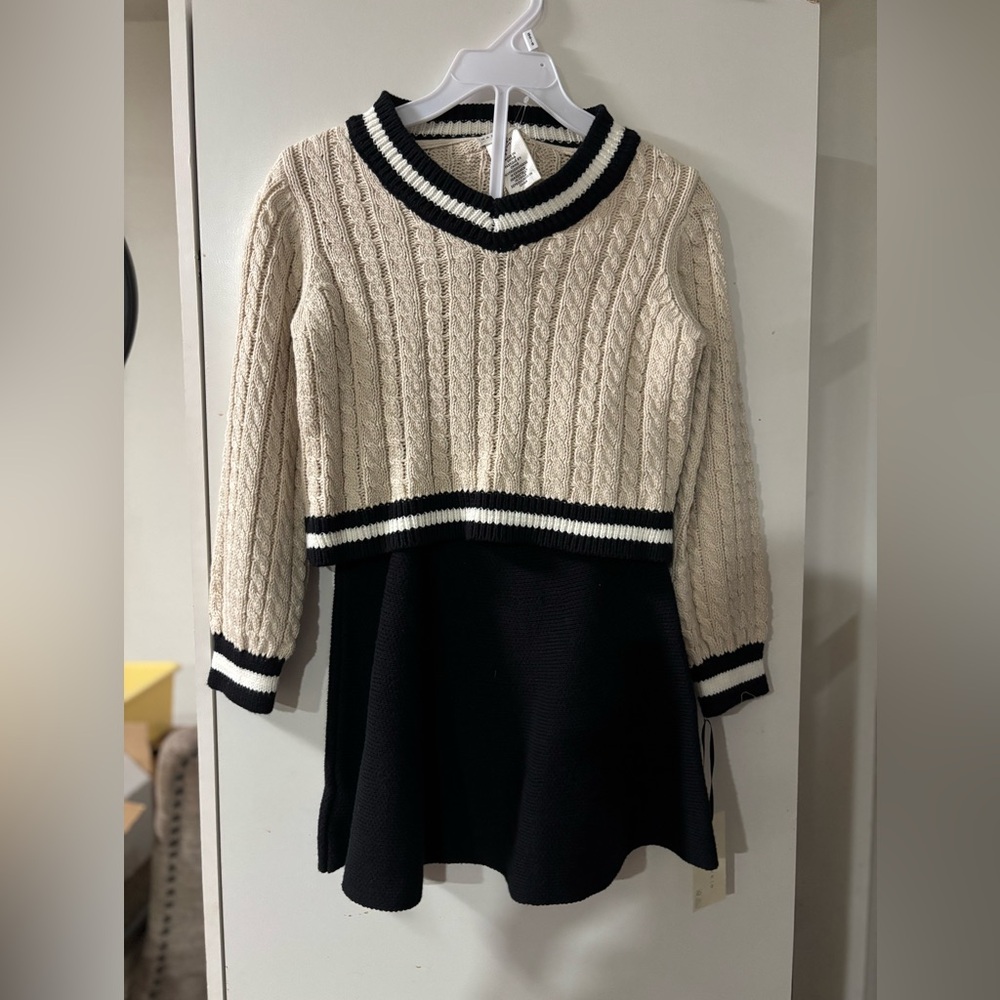 Chic V-Neck Cable Knit Kids Set - Cream and Black